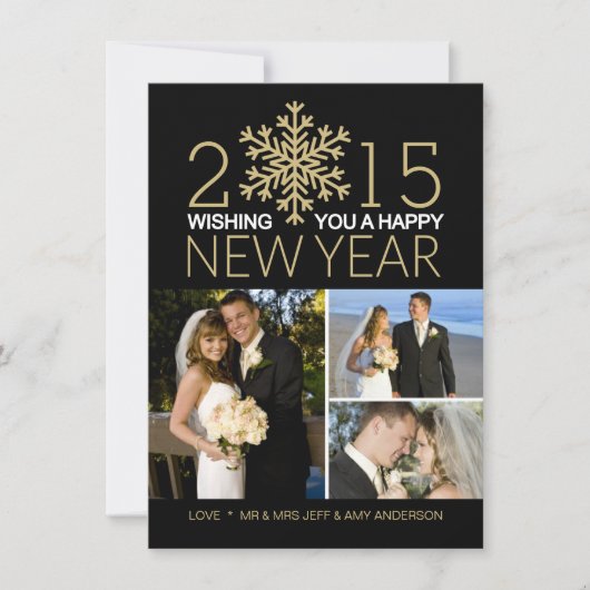 ハッピーニューイヤースノーフレークホリデイトリフォトコラージュ シーズンカード (正面)