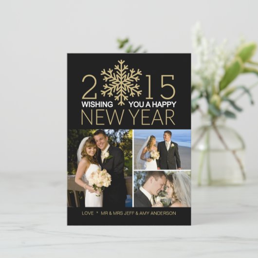 ハッピーニューイヤースノーフレークホリデイトリフォトコラージュ シーズンカード (スタンド正面)