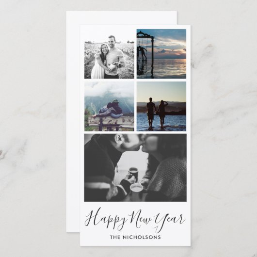ハッピーニューイヤータイポグラフィ5枚フォトコラージュ シーズンカード (正面/裏面)