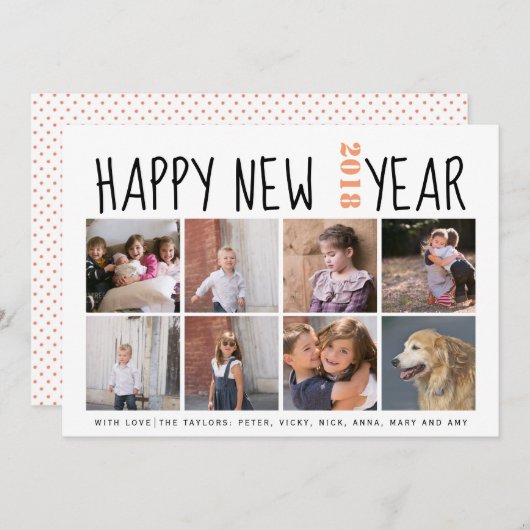 ハッピーニューイヤータイポグラフィ8枚の写真コラージュ シーズンカード (正面/裏面)