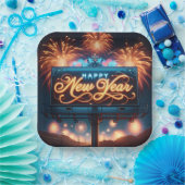 ハッピーニューイヤーネオンビルボード ペーパープレート (パーティー)