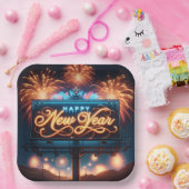 ハッピーニューイヤーネオンビルボード ペーパープレート (パーティー)