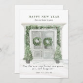 ハッピーニューイヤーハウスフロントドアウィンタースノー シーズンカード (正面/裏面)