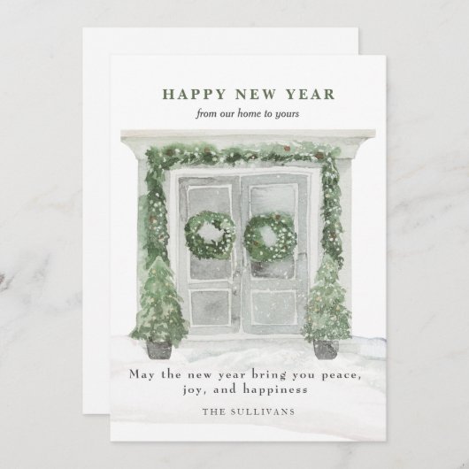 ハッピーニューイヤーハウスフロントドアウィンタースノー シーズンカード (正面/裏面)