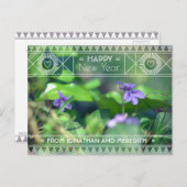 ハッピーニューイヤーバイオレットグリーンパープルフローラアールデコ ポストカード (正面/裏面)