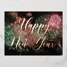 ハッピーニューイヤーバラ金ゴールドタイポグラフィ花火 箔シーズンポストカード
