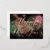 ハッピーニューイヤーバラ金ゴールドタイポグラフィ花火 箔シーズンポストカード (正面/裏面)