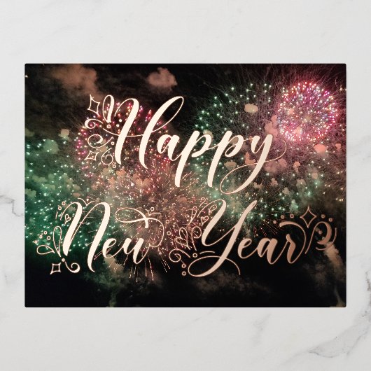 ハッピーニューイヤーバラ金ゴールドタイポグラフィ花火 箔シーズンポストカード (正面)