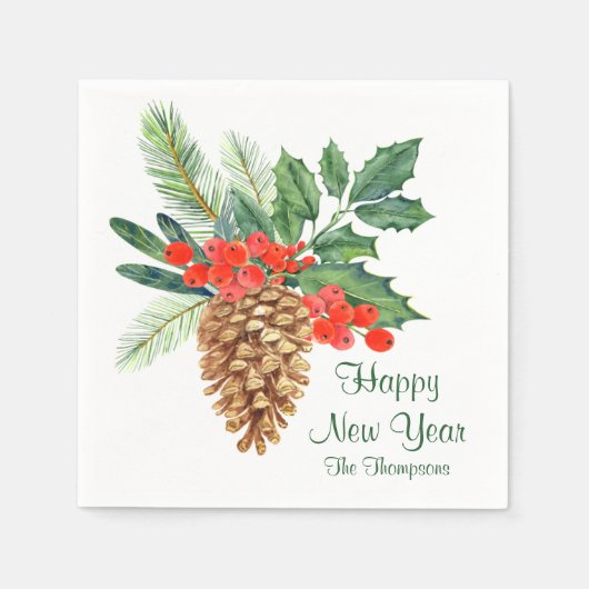 ハッピーニューイヤーパインホリーウォーター色フローラ名 スタンダードカクテルナプキン (正面)