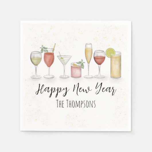ハッピーニューイヤーパーティーウォーターカラーカクテルドリンク スタンダードカクテルナプキン (正面)