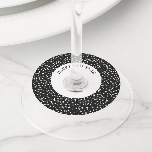 ハッピーニューイヤーパーティー紙吹雪スター白黒 ワイングラスタグ (クローズアップ)
