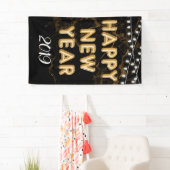 ハッピーニューイヤーパーティー金ゴールドブラックバルーンライト 横断幕 (インサイチュ)