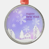 ハッピーニューイヤーパープルホワイトスノーハウスメタルオルナム メタルオーナメント (正面)