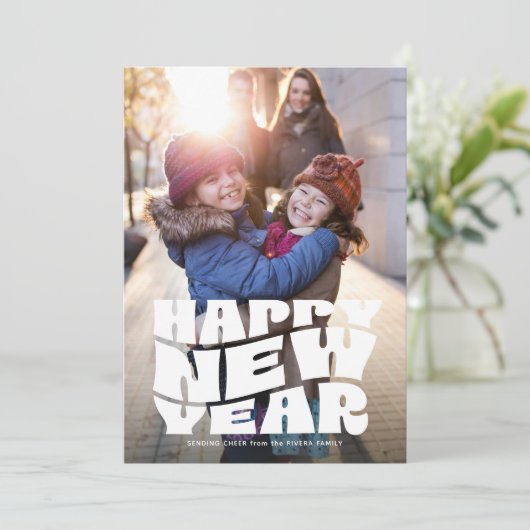 ハッピーニューイヤーファンキーおもしろいレトロ家族写真 シーズンカード (スタンド正面)