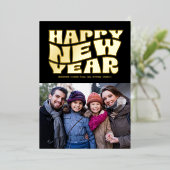 ハッピーニューイヤーファンキーおもしろいレトロ黒金ゴールド写真 箔シーズンカード (立ち正面)