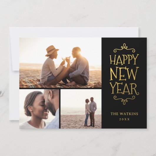 ハッピーニューイヤーフェイクフォイル3フォトコラージュ シーズンカード (正面)