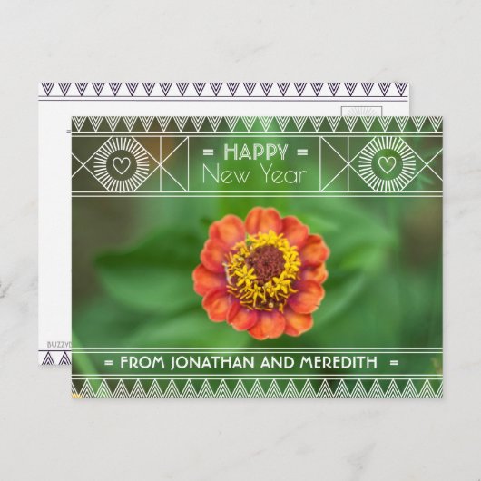 ハッピーニューイヤーフラワーグリーンオレンジフローラアールデコ ポストカード (正面/裏面)