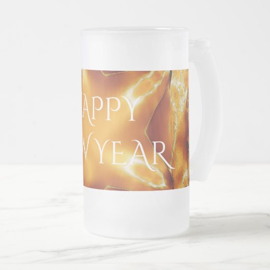 ハッピーニューイヤーブラウン金ゴールド銅エレガント星 フロストグラスビールジョッキ (正面右)