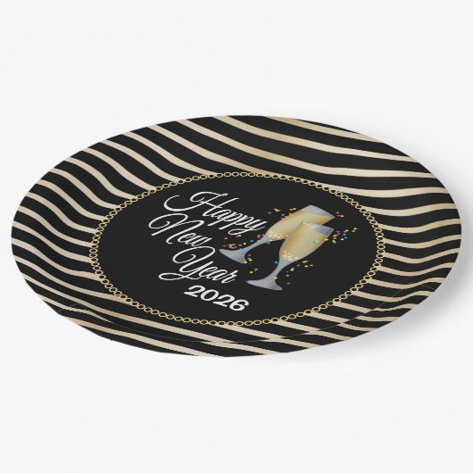 ハッピーニューイヤーブラック&金ゴールドシャンパン ペーパープレート (アングル)