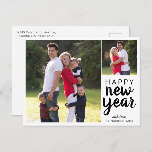 ハッピーニューイヤーホリデー写真シンプルのスクリプモダント シーズンポストカード (正面/裏面)
