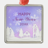 ハッピーニューイヤーホワイトスノーハウスパープル メタルオーナメント (正面)