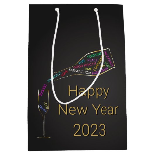 ハッピーニューイヤーボトルグラスカラフルモチベーション ミディアムペーパーバッグ (正面)