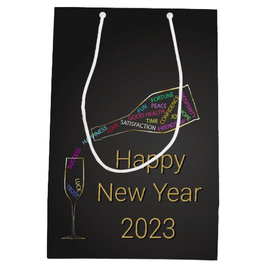 ハッピーニューイヤーボトルグラスカラフルモチベーション ミディアムペーパーバッグ (裏面)