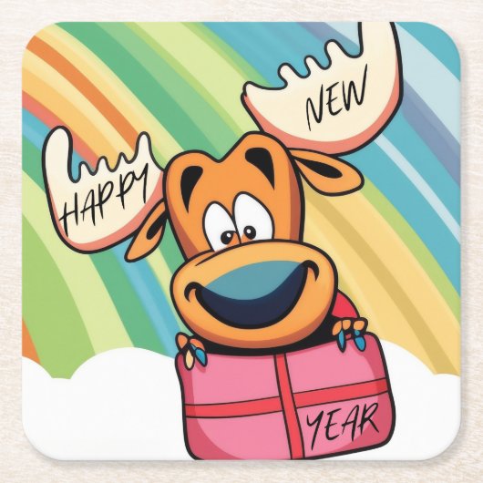 ハッピーニューイヤームース – フェスティバルお祝いデザイン スクエアペーパーコースター (正面)