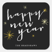 ハッピーニューイヤーモダンスクリプトシック金ゴールドスターバスト スクエアシール (正面)