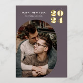 ハッピーニューイヤーモダンフレームパープル金ゴールド 箔シーズンカード (正面)