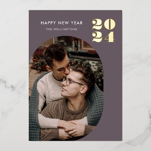 ハッピーニューイヤーモダンフレームパープル金ゴールド 箔シーズンカード (正面)