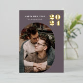 ハッピーニューイヤーモダンフレームパープル金ゴールド 箔シーズンカード (立ち正面)