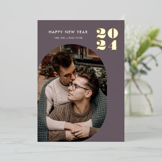 ハッピーニューイヤーモダンフレームパープル金ゴールド 箔シーズンカード (立ち正面)