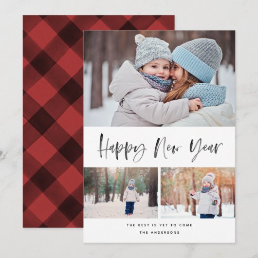 ハッピーニューイヤーモダンブラシスクリプト写真 シーズンカード (正面/裏面)