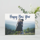 ハッピーニューイヤーモダンブルータイポグラフィ写真 シーズンカード (スタンド正面)