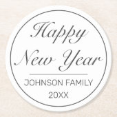 ハッピーニューイヤーモダンミニマリスト白黒 ラウンドペーパーコースター (正面)