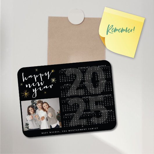 ハッピーニューイヤーモダン金ゴールドスターバスト2025カレンダー マグネット
