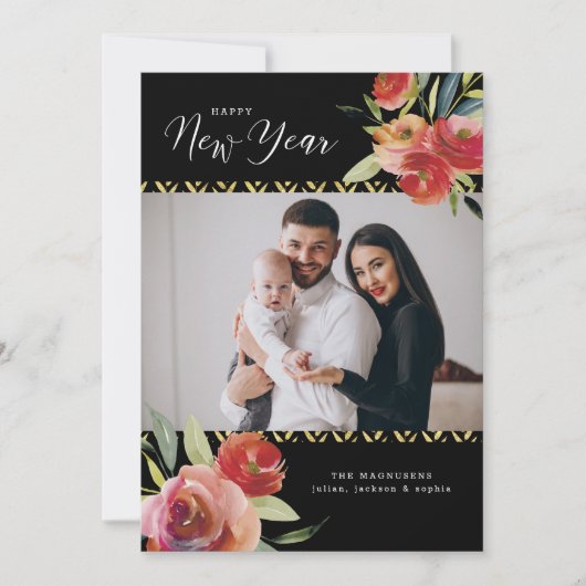ハッピーニューイヤー写真水彩フローラ金ゴールドブラック シーズンカード (正面)