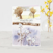 ハッピーニューイヤー冬の雪の家 カード (黄色い花)