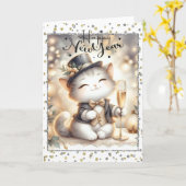 ハッピーニューイヤー子猫 カード (黄色い花)