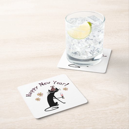 ハッピーニューイヤー引用文と猫 スクエアペーパーコースター (インサイチュ)