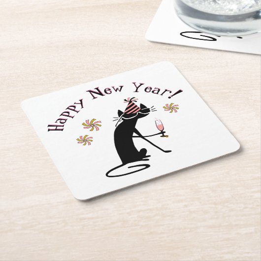 ハッピーニューイヤー引用文と猫 スクエアペーパーコースター (アングル)