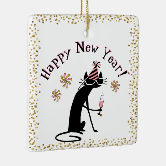 ハッピーニューイヤー引用文と猫 セラミックオーナメント (右)