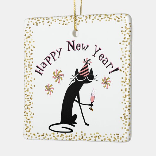 ハッピーニューイヤー引用文と猫 セラミックオーナメント (左)