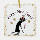 ハッピーニューイヤー引用文と猫 セラミックオーナメント (正面)
