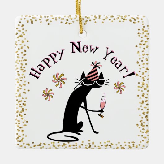 ハッピーニューイヤー引用文と猫 セラミックオーナメント (正面)
