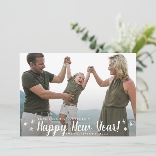 ハッピーニューイヤー愛の笑い応援カスタム写真 シーズンカード (スタンド正面)
