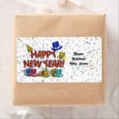 ハッピーニューイヤー文字付き/パーティー帽子と紙吹雪 ラベル (インサイチュ)