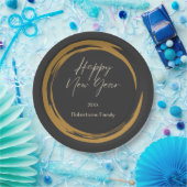 ハッピーニューイヤー文字金ゴールド染みリングダークグレー ペーパープレート (パーティー)