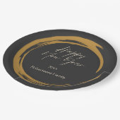 ハッピーニューイヤー文字金ゴールド染みリングダークグレー ペーパープレート (アングル)